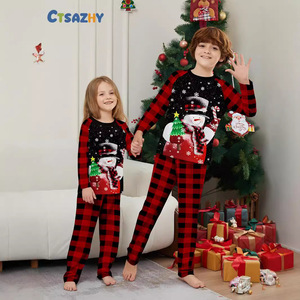 Nieuwe kinderhuiskledingset Zachte herfstkerstsneeuwman en boomprint Roodzwarte geruite pyjama Ouder-kind outfit - Product Image 3