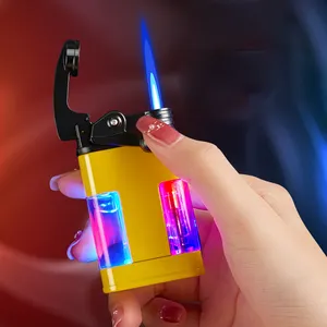 Jendela Gas Transparan Rocker Arm Windproof Lighter Lampu Tiup Biru Api Warna-warni Keren Lighter Rokok