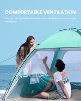 Tenda Pantai Rangka Fiberglass 8mm yang Ditingkatkan, Perlindungan UV UPF50+, Ukuran Keluarga