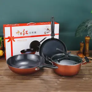 Chất Lượng Cao Bán Buôn Lớn Màu Đỏ Giá Rẻ Không Dính Nấu Ăn Ware Kichen Ware 3 Cái Bếp Pan Nồi Không Dính Cookware Sets
