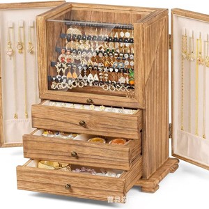 Boîte à bijoux en bois massif 13,58x10,83x6,1 pouces, rangement multi-niveaux avec porte en verre pour boucles d'oreilles, bagues, colliers, bracelets - Product Image 2
