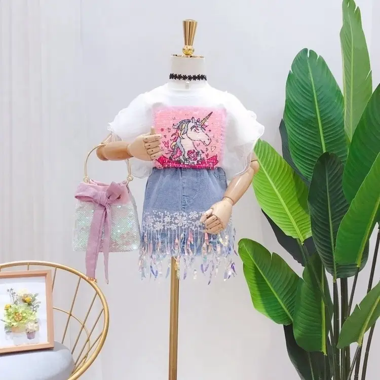 Popüler bir dizi giysi için bir 3-8 yıl kız dantel Unicorn Patchwork prenses elbise kız + Denim etek tasarımcı çocuklar için Clo