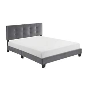 Cama Queen tapizada de terciopelo gris oscuro, cabecero de altura ajustable con botón, muebles de dormitorio de madera maciza con mechones - Product Image 4