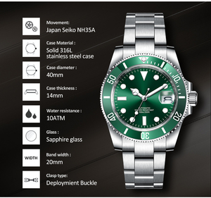 Reloj Mecánico de Lujo para Hombre Corgeut 2022, 36 mm, Manecillas Luminosas, Zafiro, Fecha, 10 ATM, Automático, Verde <span class=keywords><strong>Hulk</strong></span>, Acero Inoxidable - Product Image 5