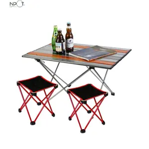 NPOT Promotional Colorful Aluminum Foldable Outdoor Camping Table With 2 Stools Table and Tool Set For Picnic