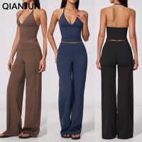 Promo Panas Set Yoga Fitness Wanita 2 Pcs Atasan Crop Top Halter V-Neck Celana Yoga High Waist Model Flare Set Pakaian Olahraga Training Activewear
