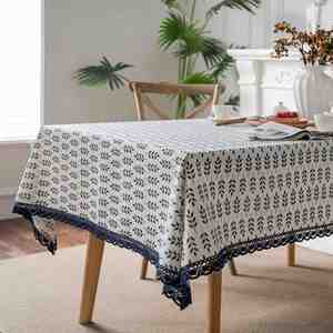 Cotton <b>Linen</b> Rustic Style Navy Edge Washable Printed Farmhouse Table Cover for Kitchen Dining Home Hotel <b>Tablecloth</b> - Product Image 4