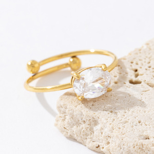 Joyería de dedo chapada en oro de 18K, anillo de acero inoxidable ajustable de Zirconia cúbica blanca elegante sin deslustre coreano - Product Image 5