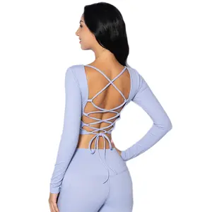 Women Girls Long Sleeve Criss-cross Back Compression Slim Fit Dance Quick Dry Gym Padded T Shirts