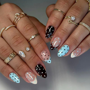 Faux ongles à presser en amande à pois français, bleu, noir, nude, réutilisables, pour femmes, tendance, pointes d'ongles artificielles - Product Image 1