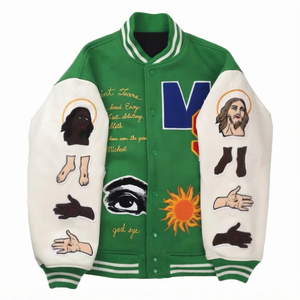 Varsity <b>Jacket</b> Embroidered <b>Patchwork</b> Letterman <b>Jacket</b> Wool <b>Patchwork</b> Body Leather Sleeves Snap Button Streetwear Bomber <b>Jacket</b> - Product Image 1