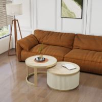 Table basse contemporaine ronde en métal doré courbé avec plateau en verre, marbre ou bois MDF, ensemble de 2 tables gigognes