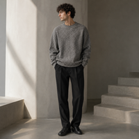 Pull tricoté épais pour homme, coupe ample, col rond, mélange de laine, style décontracté, côtelé