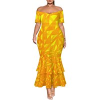 Gaun Batik Polyester Wanita Lengan Pendek Off-Shoulder Panjang Lantai Siluet Duyung Dua Lapis Model Fishtail Harga Grosir
