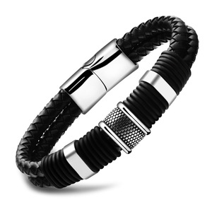 Pulsera de Cuero Negro Tejida para Hombre, Cierre Magnético de Acero Inoxidable, Diseño Geométrico, Joyería de Regalo, 20MM - Product Image 1