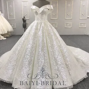 Wholesale V-Neck Shining Lvory Muslim Ball Gown Plus Size Wedding Dress