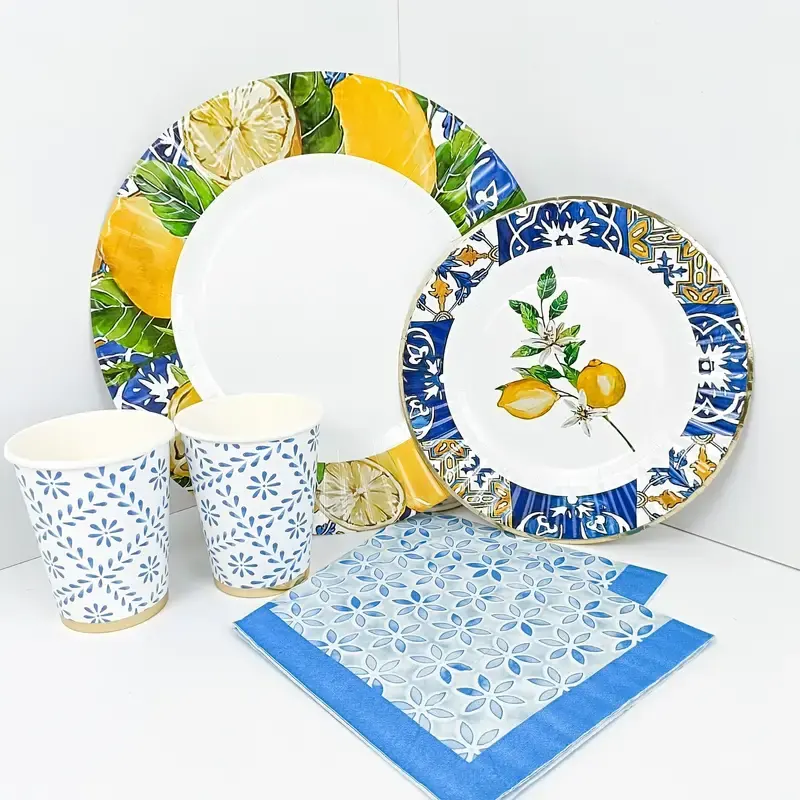 Chinese Style Blue and White Porcelain Plamy Bronzing Lemon Disposable Paper Plate Party Biodegradable Tableware Set