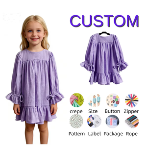 Robe d'été pour enfants en gros, col rond, à lacets, avec volants en crêpe Jane, manches longues, vêtements pour bébés personnalisables pour filles - Product Image 1
