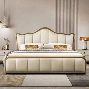 Estructura de cama de madera maciza de tamaño Queen de lujo moderno con cabecero tapizado de cuero de lujo, cama con panel para dormitorio - Product Image 2