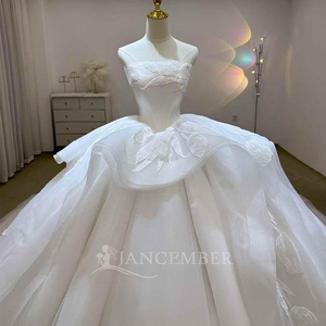 Vestido de novia de satén francés sin tirantes con encaje para novias, elegante vestido de bienvenida con falda abullonada y cola Lsjj65 Jancember - Product Image 6