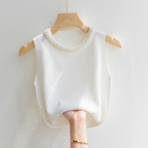 Vente chaude 2025 femmes printemps été nouvelle mode décontracté maillot <span class=keywords><strong>de</strong></span> <span class=keywords><strong>corps</strong></span> hauts col rond <span class=keywords><strong>tricot</strong></span>é gilet perle sans manches vêtement hauts - Product Image 4