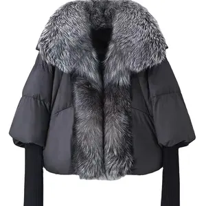 폭발 90 화이트 거위 다운 여성 복어 코트 따뜻한 짧은 느슨한 패션 여우 모피 대형 모피 칼라 두꺼운 코트 겨울