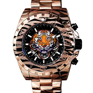 stainless steel watch for man Date Display Luminous Functions logo watch hip hop Leopard print Japanese Movement Quartz watch