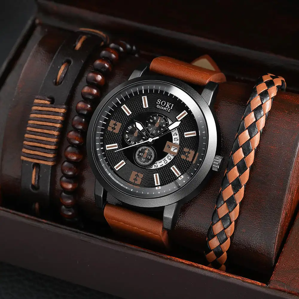 ชุดนาฬิกาธุรกิจของผู้ชาย hifive กล่องของขวัญสร้อยข้อมือทอแฟชั่นนาฬิกาควอทซ์หนังแท้