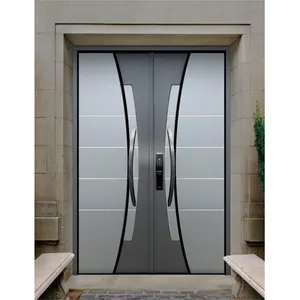 Puertas metálicas de entrada principal de estilo moderno, diseño exterior de vidrio templado, puerta de acero inoxidable con manija de calidad, bloqueo de huellas dactilares