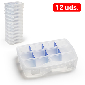 Scatola portaoggetti in plastica trasparente con 6 scomparti per l'organizzazione domestica, durevole, riutilizzabile, capacità standard, 12 unità - Product Image 1