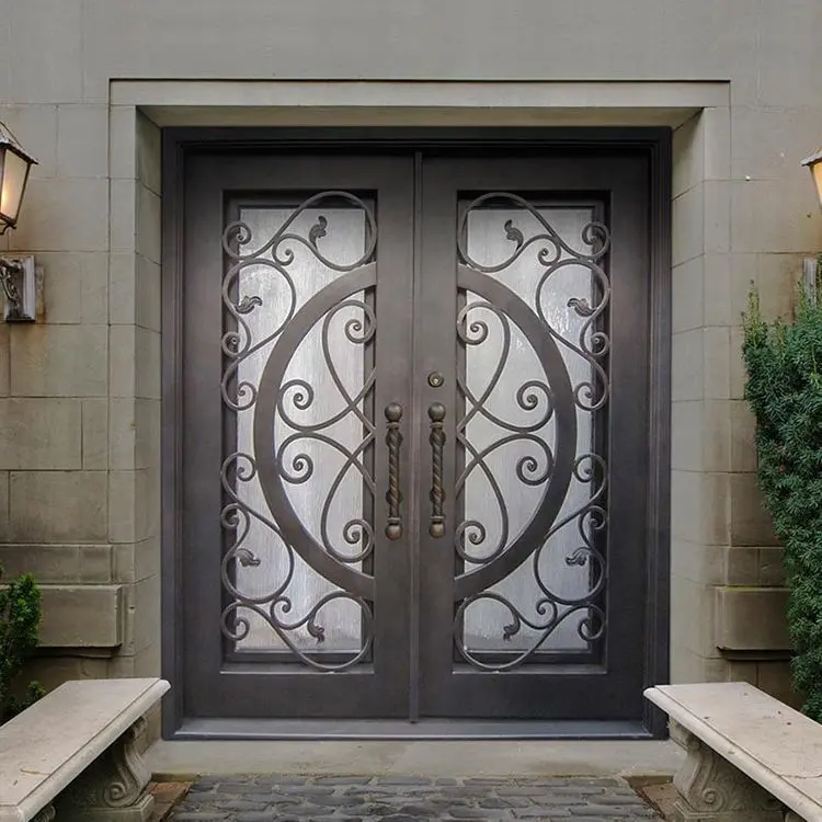 Puerta antirrobo forjada a mano pura retro hierro forjado Villa patio luz puerta artesanal de vidrio de lujo