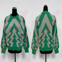 Pull décontracté pour femme en tricot jacquard duveteux à motif arbre de Noël, col rond, épaules tombantes, coupe oversize, idéal pour les fêtes de Noël