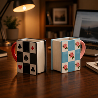 Tasse à café/thé en céramique Redeco motif damier carré, motif cartes à jouer et roses, cadeau, vente en gros, logo personnalisé