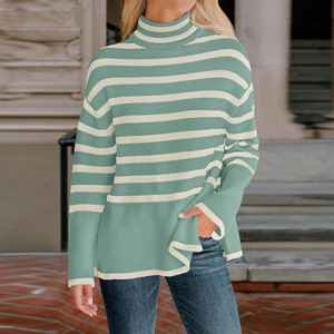 Pull-over ample en maille rayée à col montant et fente pour femme – Tendance - Product Image 6