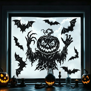 Autocollants statiques d'Halloween en gros pour fenêtres : Têtes de citrouille effrayantes, hommes zombies, chauves-souris – Décorations amovibles pour fêtes d'Halloween - Product Image 3