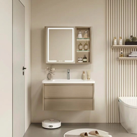 Armoire de salle de bain en acier inoxydable avec miroir, double porte, étagère à ouverture à droite et rebord LED inférieur pour décoration commerciale