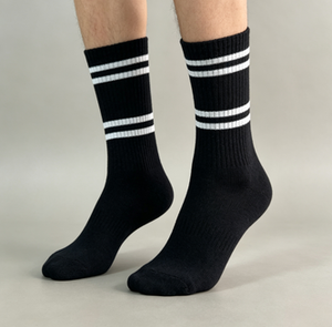 Chaussettes de sport mi-mollet classiques à double rayure avec logo brodé personnalisé, en coton respirant et doux, pour <span class=keywords><strong>la</strong></span> course et l'entraînement - Product Image 4
