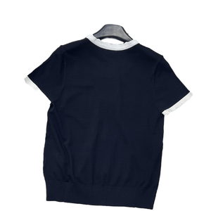 Blusa informal de punto con cuello en V y ribete blanco y negro para mujer, manga corta y lazo frontal - Product Image 2