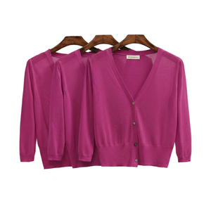 Xinransi Women's Knitted V-Neck Cardigan Three Quarter Sleeve Solid Color Casual Spring <b>Top</b> Sheer <b>Layer</b> Button Front - Product Image 2