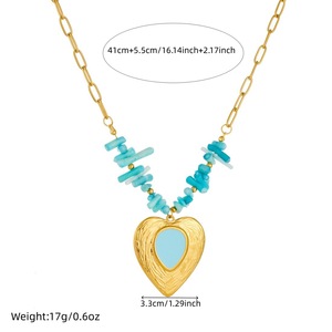 Irregular Blue Pebble Beaded Necklace Gold Plated Heart Pendant Clavicle Chain Daily Party Wear - Product Image 4