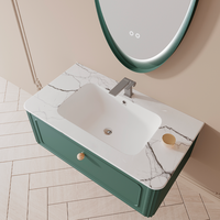 Meuble-lavabo mural moderne pour salle de bain, finition laquée verte, armoire sous-évier minimaliste, tiroir à fermeture douce, miroir intelligent rétroéclairé
