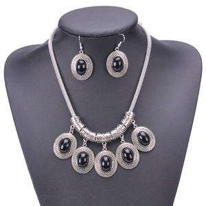 USA Fashion Vintage <b>Boho</b> Tassel Oval Turquoise Pendant Womens Jewelry Set for Women <b>Necklace</b> and Earrings Alloy Silver Plated - Product Image 3