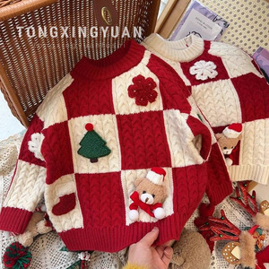 Tongxingyuan Girls Sweater Red White Checkered Cartoon Christmas Knitwear Autumn Winter Warm Base Layer - Product Image 1