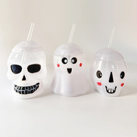Nouveautés 2026 : Gobelet LED Halloween 500 ml en plastique PP avec paille, motif fantôme, pour fêtes et camping