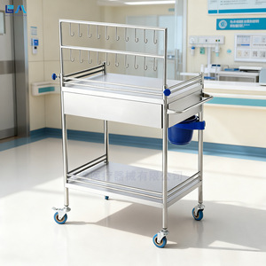 Carrito de infusión de acero inoxidable Boan 660x440x860mm de 2 niveles con ganchos y cubo, carrito de hospital - Product Image 2