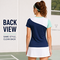 Haut de tennis personnalisé pour femmes, col en V, blocs de couleur diagonaux, manches courtes, pour entraînements et matchs sur le terrain
