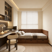 Ensemble de chambre à coucher moderne en bois avec lit de taille standard et rangements, options personnalisables pour hôtels et appartements