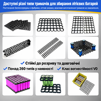Supports de batterie spécialisés en ABS+PC pour cellules cylindriques 18650, 21700, 26700, 32700, 32140, 34200, 40135, 46950 avec entretoises alvéolées ISO RoHS