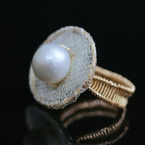 wholesale Handmade Italian Mesh Lace Pearl <b>Ring</b>, USA Imported 14K Gold Filled Natural Freshwater Pearl Adjustable Statement <b>Ring</b> - Product Image 1
