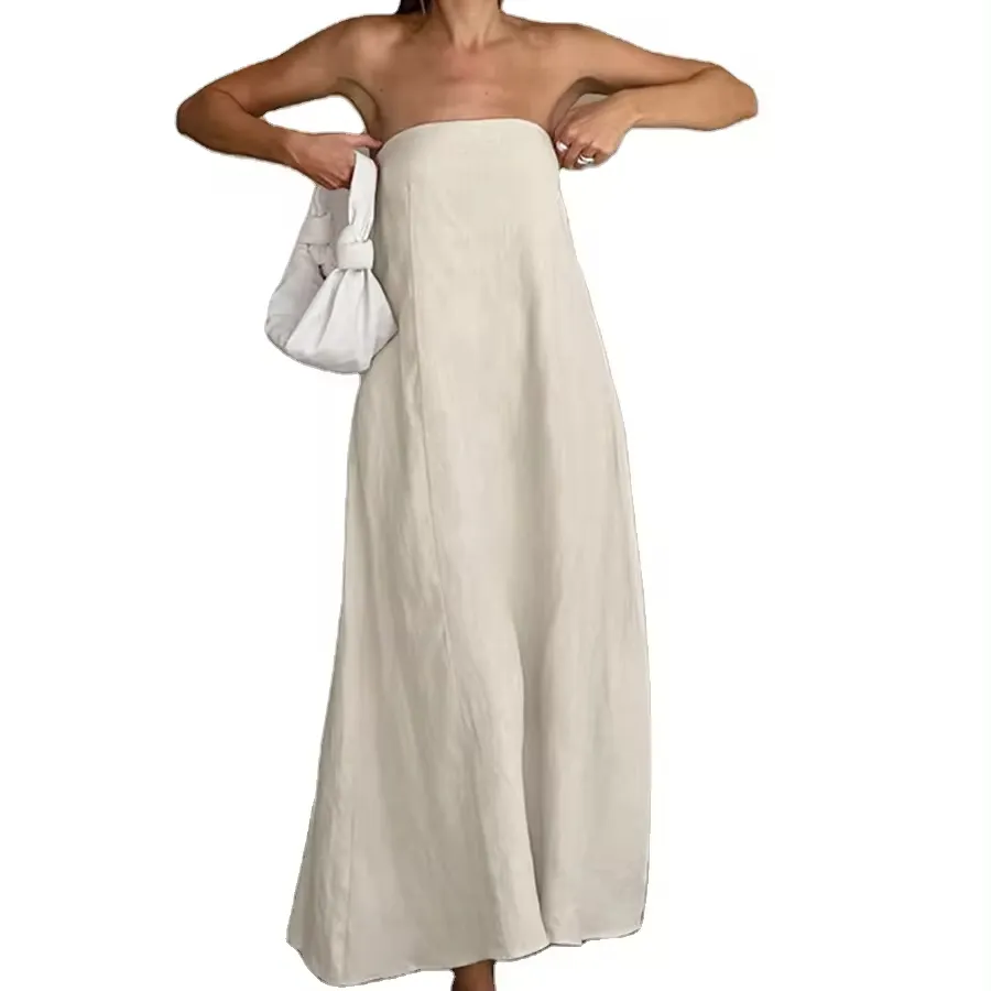 2024 ग्रीष्मकालीन सेक्सी खाकी कॉटन और लिनन ट्यूबलेस ड्रेस महिलाओं के लिए वेकेशन कैजुअल कमर सॉलिड रंग ए-लाइन स्कर्ट महिलाओं के लिए